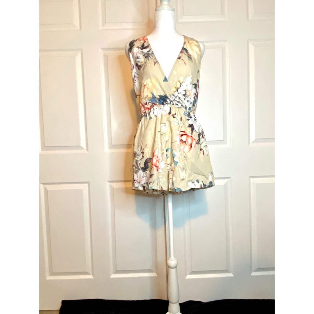 MOD Floral V-Neck Romper Tan Beige Sleeveless Elastic Summer Concert